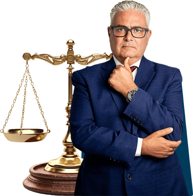 Ádamo Fontoura, advogado, de terno azul ao lado de uma balança dourada